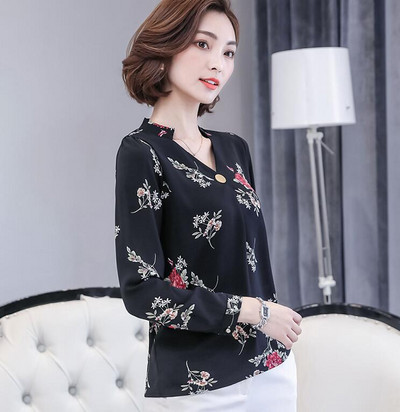 Košulja od šifona s proljetnim printom, ženske, dugih rukava, velike veličine, V ovratnik, uredske ženske radne majice, ženske modne ležerne bluze H9052
