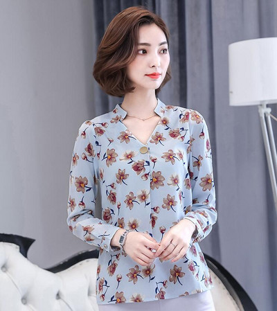 Košulja od šifona s proljetnim printom, ženske, dugih rukava, velike veličine, V ovratnik, uredske ženske radne majice, ženske modne ležerne bluze H9052