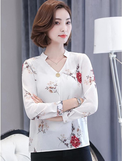 Košulja od šifona s proljetnim printom, ženske, dugih rukava, velike veličine, V ovratnik, uredske ženske radne majice, ženske modne ležerne bluze H9052