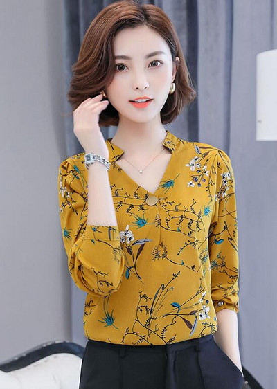 Košulja od šifona s proljetnim printom, ženske, dugih rukava, velike veličine, V ovratnik, uredske ženske radne majice, ženske modne ležerne bluze H9052