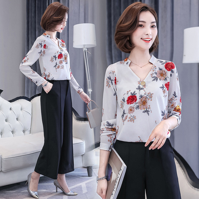 Košulja od šifona s proljetnim printom, ženske, dugih rukava, velike veličine, V ovratnik, uredske ženske radne majice, ženske modne ležerne bluze H9052