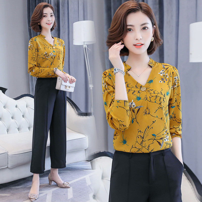 Košulja od šifona s proljetnim printom, ženske, dugih rukava, velike veličine, V ovratnik, uredske ženske radne majice, ženske modne ležerne bluze H9052