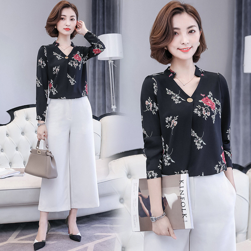 Košulja od šifona s proljetnim printom, ženske, dugih rukava, velike veličine, V ovratnik, uredske ženske radne majice, ženske modne ležerne bluze H9052