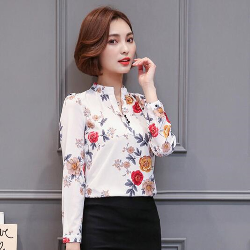Pavasara rudens šifona krekls Sieviešu korejiešu garām piedurknēm modes blūze Biroja sieviešu temperamenta apkakle ar apdruku, darba tops H9139