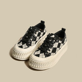 Pantofi de pânză cu talpă groasă, toamna 2023, versiunea coreeană, cu vârf rotund, în carouri, alb-negru, pantofi ocazionali, pantofi pentru femei