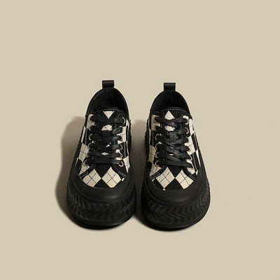 Pantofi de pânză cu talpă groasă, toamna 2023, versiunea coreeană, cu vârf rotund, în carouri, alb-negru, pantofi ocazionali, pantofi pentru femei