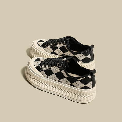 Pantofi de pânză cu talpă groasă, toamna 2023, versiunea coreeană, cu vârf rotund, în carouri, alb-negru, pantofi ocazionali, pantofi pentru femei