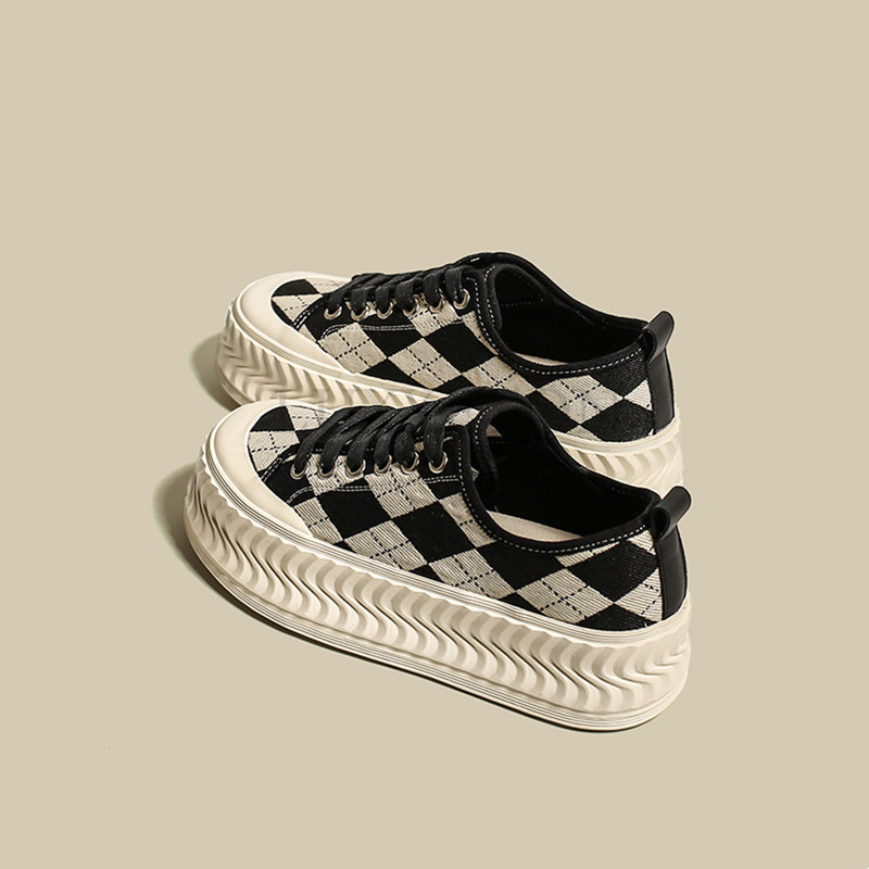 Pantofi de pânză cu talpă groasă, toamna 2023, versiunea coreeană, cu vârf rotund, în carouri, alb-negru, pantofi ocazionali, pantofi pentru femei