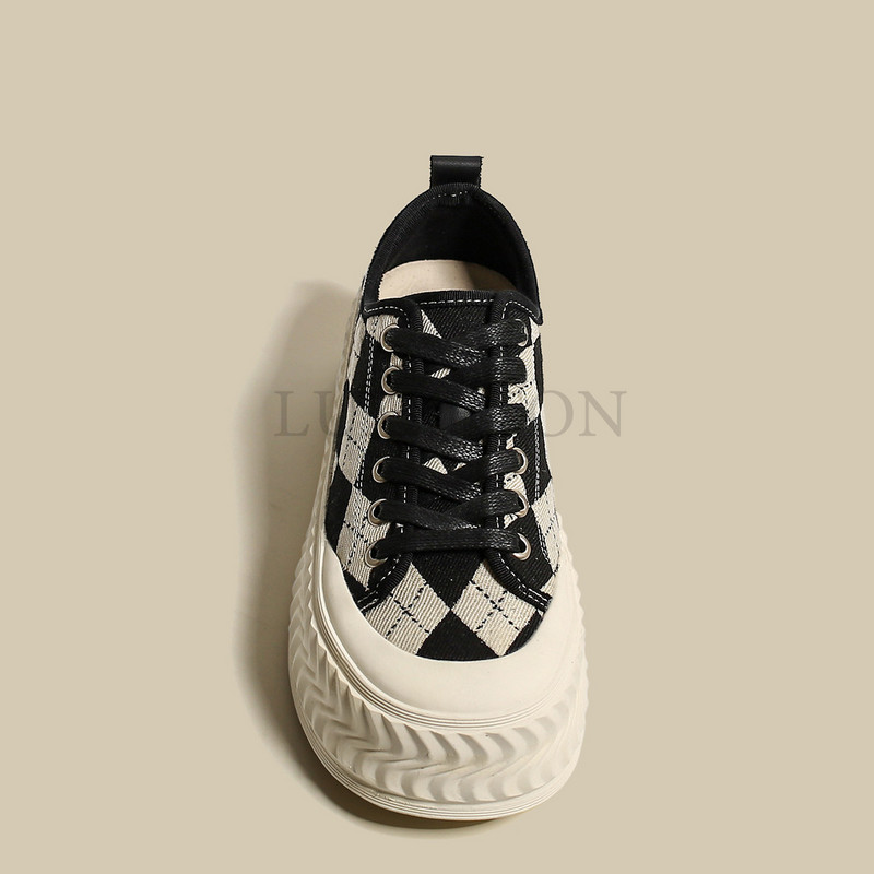 Pantofi de pânză cu talpă groasă, toamna 2023, versiunea coreeană, cu vârf rotund, în carouri, alb-negru, pantofi ocazionali, pantofi pentru femei