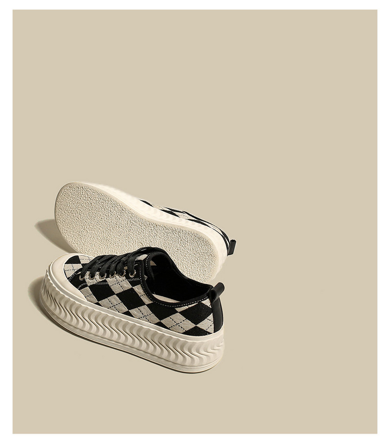 Pantofi de pânză cu talpă groasă, toamna 2023, versiunea coreeană, cu vârf rotund, în carouri, alb-negru, pantofi ocazionali, pantofi pentru femei