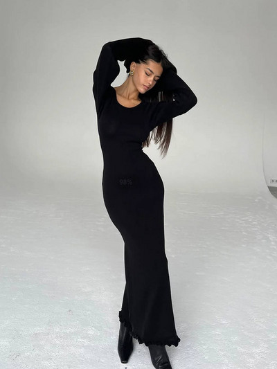 Rochie maxi tricotată de vară elegantă, cu mânecă lungă, ocazională, cu gâtul în formă de O, Rochii de plajă pentru vacanță, fără spate, pentru petrecere de seară, pentru club de noapte