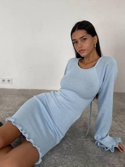 Rochie maxi tricotată de vară elegantă, cu mânecă lungă, ocazională, cu gâtul în formă de O, Rochii de plajă pentru vacanță, fără spate, pentru petrecere de seară, pentru club de noapte