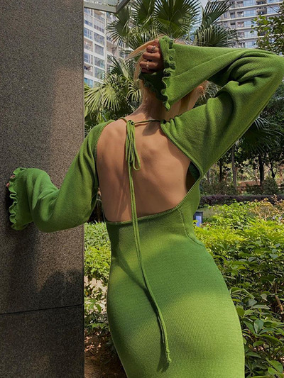 Rochie maxi tricotată de vară elegantă, cu mânecă lungă, ocazională, cu gâtul în formă de O, Rochii de plajă pentru vacanță, fără spate, pentru petrecere de seară, pentru club de noapte