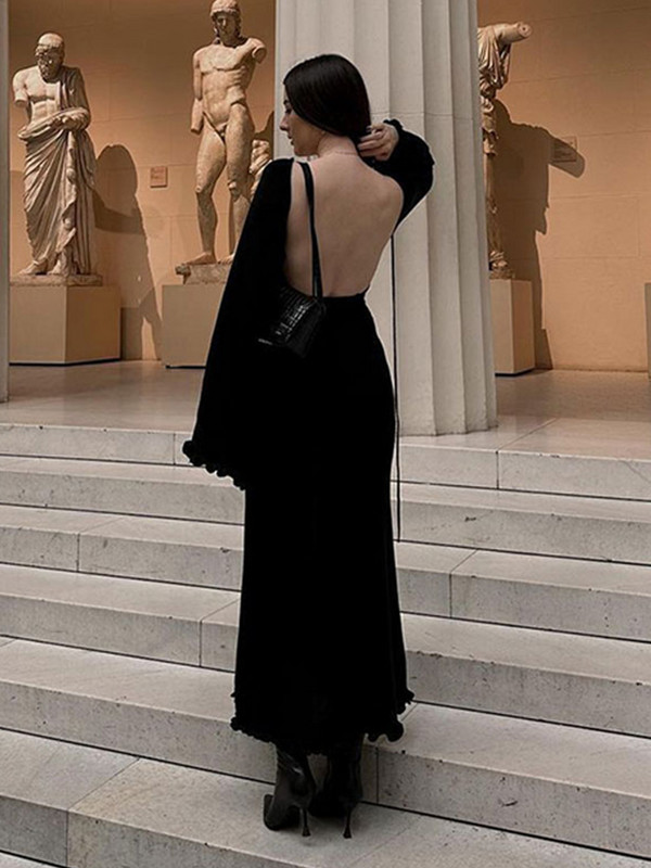 Rochie maxi tricotată de vară elegantă, cu mânecă lungă, ocazională, cu gâtul în formă de O, Rochii de plajă pentru vacanță, fără spate, pentru petrecere de seară, pentru club de noapte