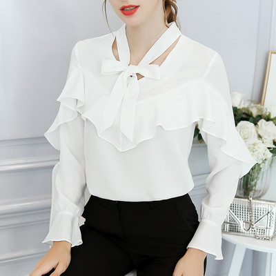 Nouă cămașă coreeană din șifon pentru femei, cu mânecă lungă, cu bowknot, bluză de culoare pură, top, primăvară, vară, pentru femei, cămăși elegante casual pentru fete H9080