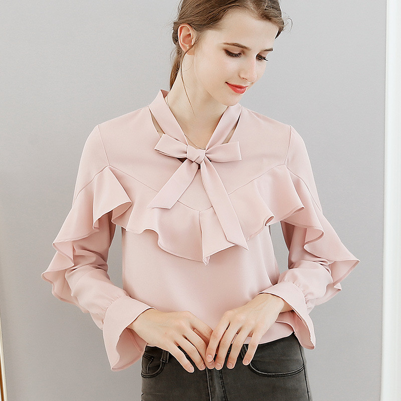 Nouă cămașă coreeană din șifon pentru femei, cu mânecă lungă, cu bowknot, bluză de culoare pură, top, primăvară, vară, pentru femei, cămăși elegante casual pentru fete H9080