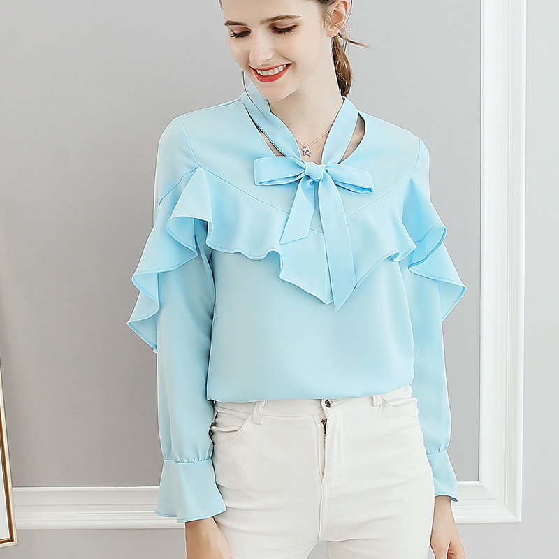 Nouă cămașă coreeană din șifon pentru femei, cu mânecă lungă, cu bowknot, bluză de culoare pură, top, primăvară, vară, pentru femei, cămăși elegante casual pentru fete H9080