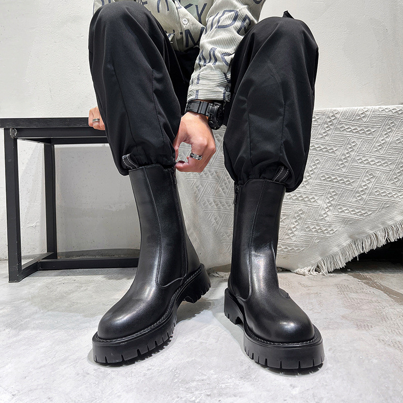Ανδρικές πλατφόρμες από καουτσούκ με σόλα στη μέση της γάμπας Ανδρικές δερμάτινες μπότες Chelsea με φερμουάρ και μπότες μοτοσικλέτας Fashion χοντροκομμένα παπούτσια