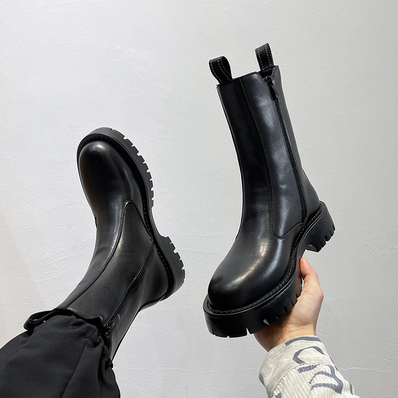 Ανδρικές πλατφόρμες από καουτσούκ με σόλα στη μέση της γάμπας Ανδρικές δερμάτινες μπότες Chelsea με φερμουάρ και μπότες μοτοσικλέτας Fashion χοντροκομμένα παπούτσια