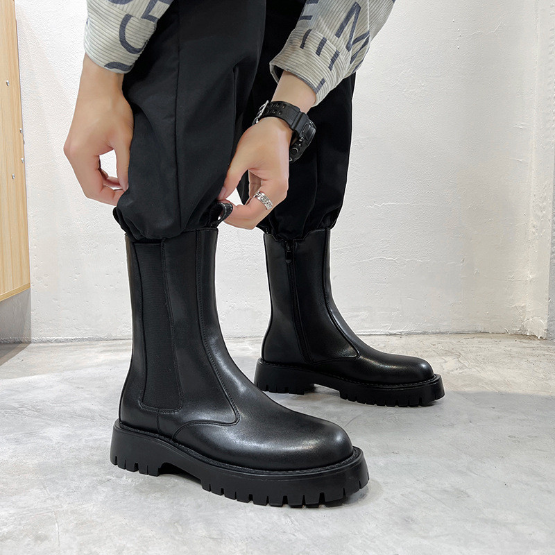 Ανδρικές πλατφόρμες από καουτσούκ με σόλα στη μέση της γάμπας Ανδρικές δερμάτινες μπότες Chelsea με φερμουάρ και μπότες μοτοσικλέτας Fashion χοντροκομμένα παπούτσια