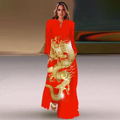 Rochie lungă de primăvară și toamnă pentru femei, la modă șic, cu mâneci lungi, cu decolteu în V, rochie elegantă, petrecere de vacanță pe plajă, imprimeu casual vintage dre