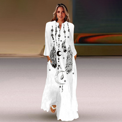 Rochie lungă de primăvară și toamnă pentru femei, la modă șic, cu mâneci lungi, cu decolteu în V, rochie elegantă, petrecere de vacanță pe plajă, imprimeu casual vintage dre