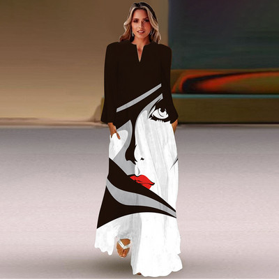 Rochie lungă de primăvară și toamnă pentru femei, la modă șic, cu mâneci lungi, cu decolteu în V, rochie elegantă, petrecere de vacanță pe plajă, imprimeu casual vintage dre