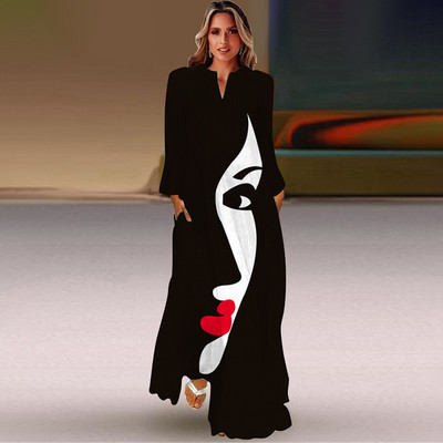 Rochie lungă de primăvară și toamnă pentru femei, la modă șic, cu mâneci lungi, cu decolteu în V, rochie elegantă, petrecere de vacanță pe plajă, imprimeu casual vintage dre