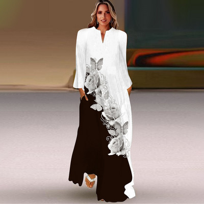 Rochie lungă de primăvară și toamnă pentru femei, la modă șic, cu mâneci lungi, cu decolteu în V, rochie elegantă, petrecere de vacanță pe plajă, imprimeu casual vintage dre