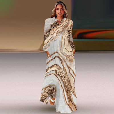 Rochie lungă de primăvară și toamnă pentru femei, la modă șic, cu mâneci lungi, cu decolteu în V, rochie elegantă, petrecere de vacanță pe plajă, imprimeu casual vintage dre