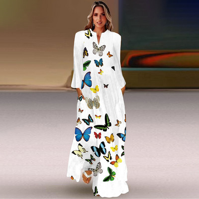 Rochie lungă de primăvară și toamnă pentru femei, la modă șic, cu mâneci lungi, cu decolteu în V, rochie elegantă, petrecere de vacanță pe plajă, imprimeu casual vintage dre