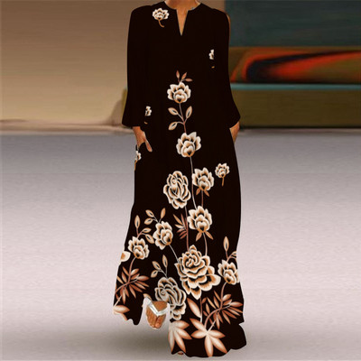 Rochie lungă de primăvară și toamnă pentru femei, la modă șic, cu mâneci lungi, cu decolteu în V, rochie elegantă, petrecere de vacanță pe plajă, imprimeu casual vintage dre
