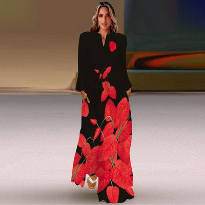 Rochie lungă de primăvară și toamnă pentru femei, la modă șic, cu mâneci lungi, cu decolteu în V, rochie elegantă, petrecere de vacanță pe plajă, imprimeu casual vintage dre