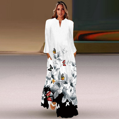 Rochie lungă de primăvară și toamnă pentru femei, la modă șic, cu mâneci lungi, cu decolteu în V, rochie elegantă, petrecere de vacanță pe plajă, imprimeu casual vintage dre
