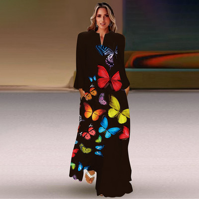 Rochie lungă de primăvară și toamnă pentru femei, la modă șic, cu mâneci lungi, cu decolteu în V, rochie elegantă, petrecere de vacanță pe plajă, imprimeu casual vintage dre