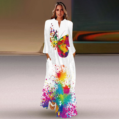 Rochie lungă de primăvară și toamnă pentru femei, la modă șic, cu mâneci lungi, cu decolteu în V, rochie elegantă, petrecere de vacanță pe plajă, imprimeu casual vintage dre