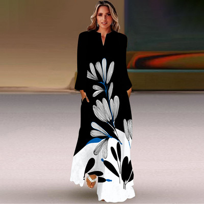Rochie lungă de primăvară și toamnă pentru femei, la modă șic, cu mâneci lungi, cu decolteu în V, rochie elegantă, petrecere de vacanță pe plajă, imprimeu casual vintage dre