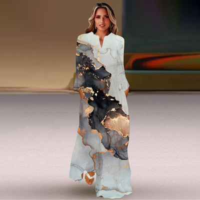 Rochie lungă de primăvară și toamnă pentru femei, la modă șic, cu mâneci lungi, cu decolteu în V, rochie elegantă, petrecere de vacanță pe plajă, imprimeu casual vintage dre