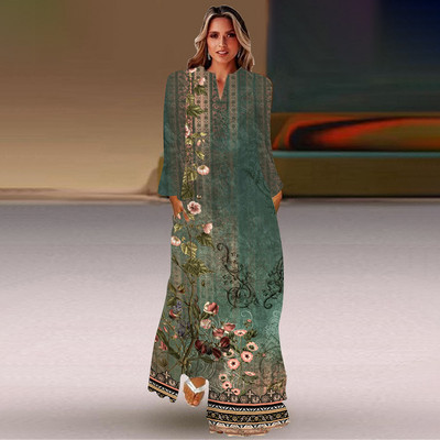 Rochie lungă de primăvară și toamnă pentru femei, la modă șic, cu mâneci lungi, cu decolteu în V, rochie elegantă, petrecere de vacanță pe plajă, imprimeu casual vintage dre
