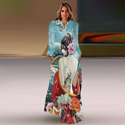 Rochie lungă de primăvară și toamnă pentru femei, la modă șic, cu mâneci lungi, cu decolteu în V, rochie elegantă, petrecere de vacanță pe plajă, imprimeu casual vintage dre