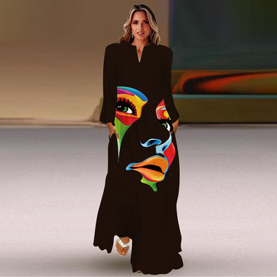 Rochie lungă de primăvară și toamnă pentru femei, la modă șic, cu mâneci lungi, cu decolteu în V, rochie elegantă, petrecere de vacanță pe plajă, imprimeu casual vintage dre