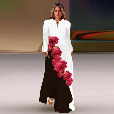 Rochie lungă de primăvară și toamnă pentru femei, la modă șic, cu mâneci lungi, cu decolteu în V, rochie elegantă, petrecere de vacanță pe plajă, imprimeu casual vintage dre