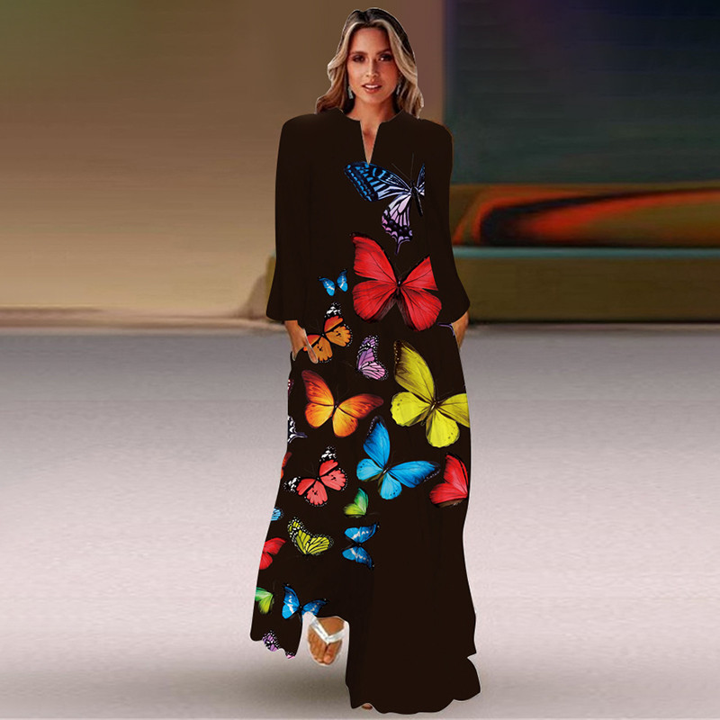 Rochie lungă de primăvară și toamnă pentru femei, la modă șic, cu mâneci lungi, cu decolteu în V, rochie elegantă, petrecere de vacanță pe plajă, imprimeu casual vintage dre