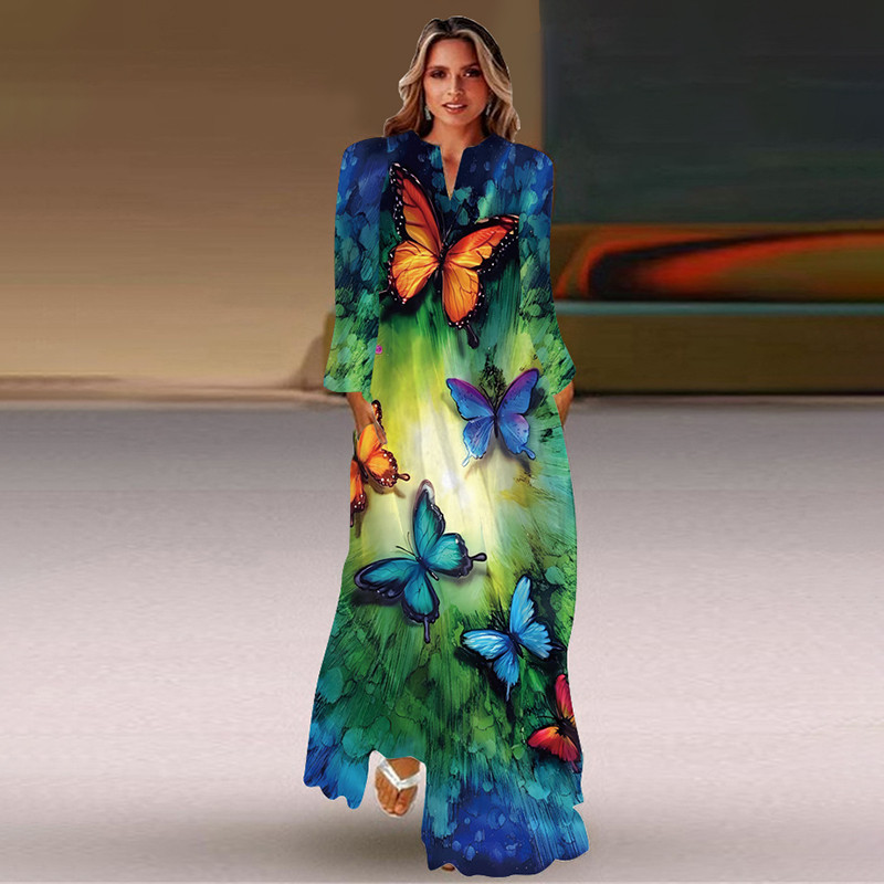 Rochie lungă de primăvară și toamnă pentru femei, la modă șic, cu mâneci lungi, cu decolteu în V, rochie elegantă, petrecere de vacanță pe plajă, imprimeu casual vintage dre