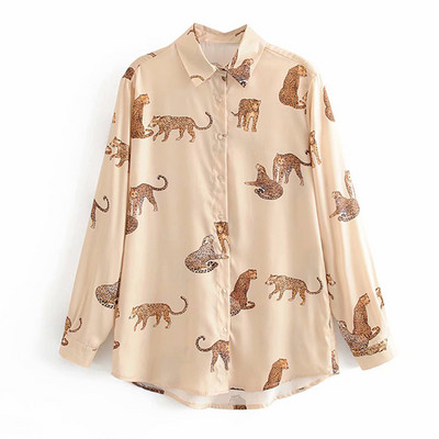 Modna košulja s proljetnim uzorkom leoparda Ženska bluza s otvorenim ovratnikom dugih rukava Ženske vintage majice Vrećaste ženske majice Odjeća