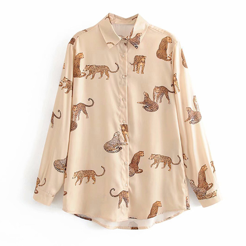 Modna košulja s proljetnim uzorkom leoparda Ženska bluza s otvorenim ovratnikom dugih rukava Ženske vintage majice Vrećaste ženske majice Odjeća