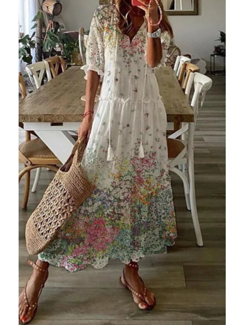 Γυναικείο μακρύ φόρεμα Bohemian 2023 Καλοκαιρινό Vintage Floral στάμπα V λαιμόκοψη Φορέματα με μισό μανίκι Γυναικείο χαλαρό φόρεμα παραλίας με κορδόνι