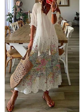 Γυναικείο μακρύ φόρεμα Bohemian 2023 Καλοκαιρινό Vintage Floral στάμπα V λαιμόκοψη Φορέματα με μισό μανίκι Γυναικείο χαλαρό φόρεμα παραλίας με κορδόνι