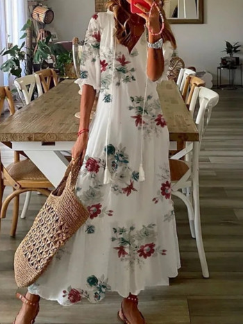 Γυναικείο μακρύ φόρεμα Bohemian 2023 Καλοκαιρινό Vintage Floral στάμπα V λαιμόκοψη Φορέματα με μισό μανίκι Γυναικείο χαλαρό φόρεμα παραλίας με κορδόνι