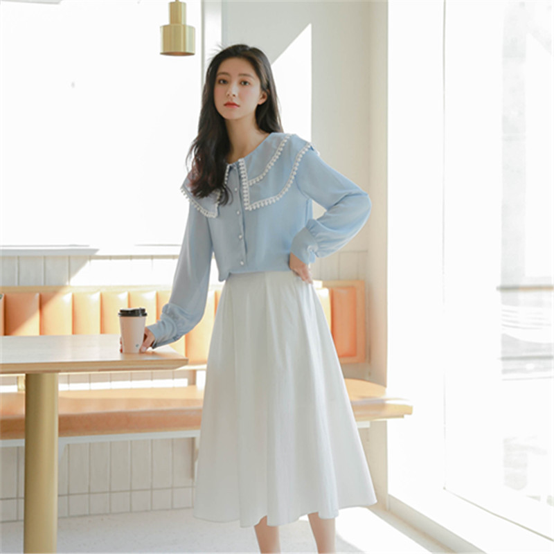 Proljetna nova košulja od šifona Ženska majica dugih rukava Slatka korejska japanska Peter Pan kragna Gornja bluza Djevojačke košulje u elegantnom stilu H9168